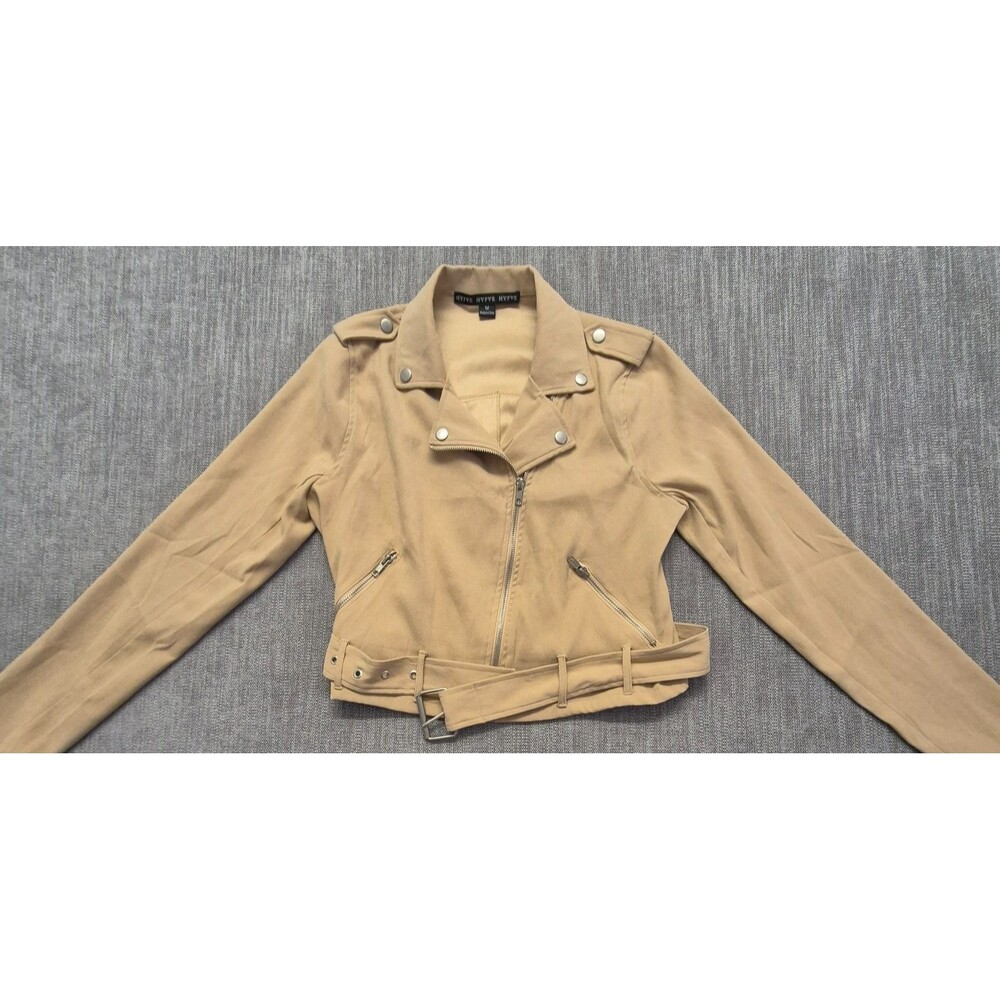 HYFVE Faux Suede Moto Biker Jacket Women's Medium Tan Camel Belted Full Zip